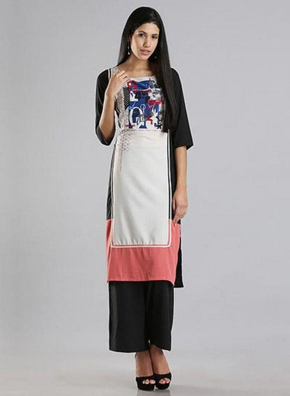 White &amp; Black Printed 3/4 Sleeve kurta - wforwoman