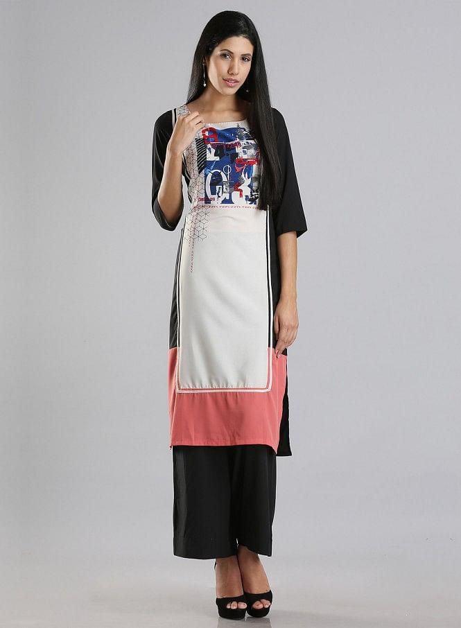 White &amp; Black Printed 3/4 Sleeve kurta - wforwoman