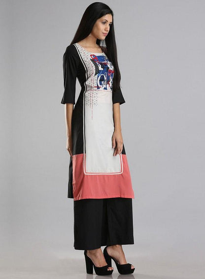 White &amp; Black Printed 3/4 Sleeve kurta - wforwoman