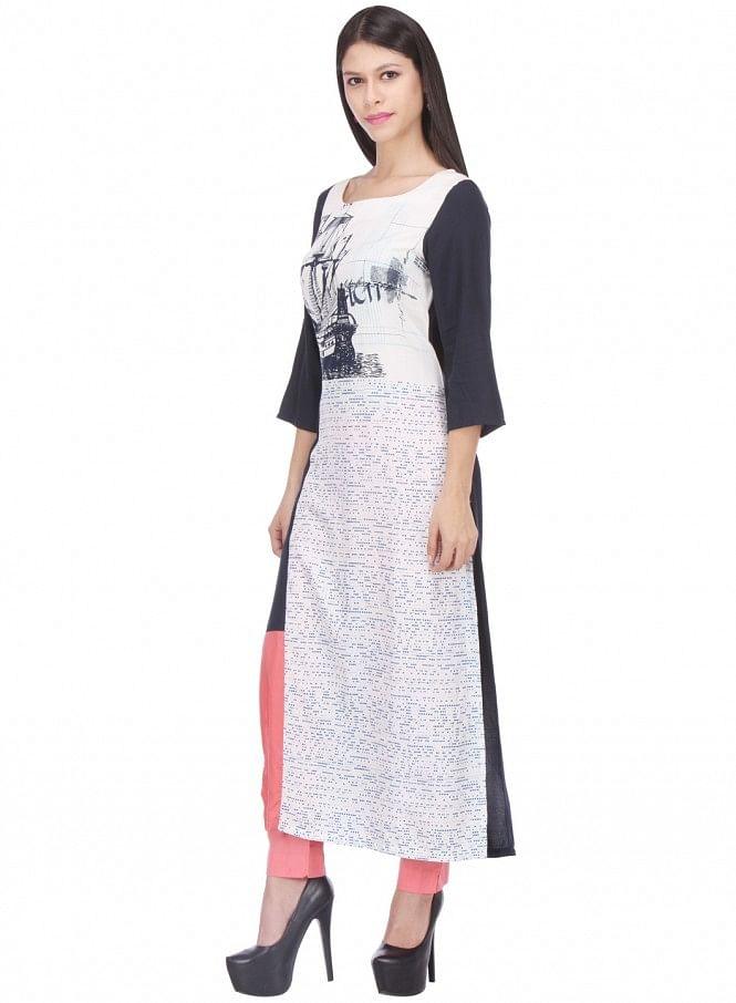 White Printed 3/4 Sleeve kurta - wforwoman