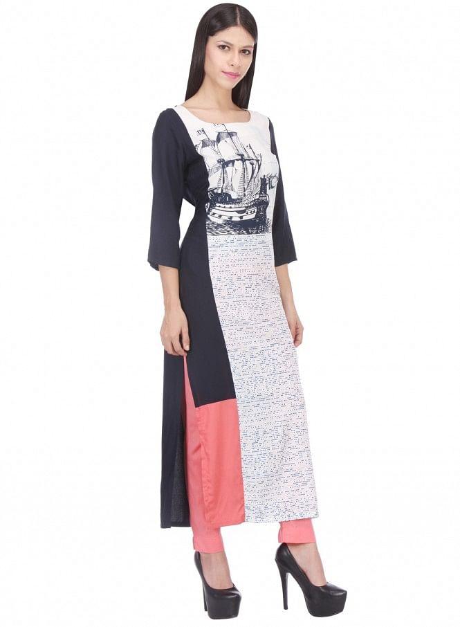 White Printed 3/4 Sleeve kurta - wforwoman