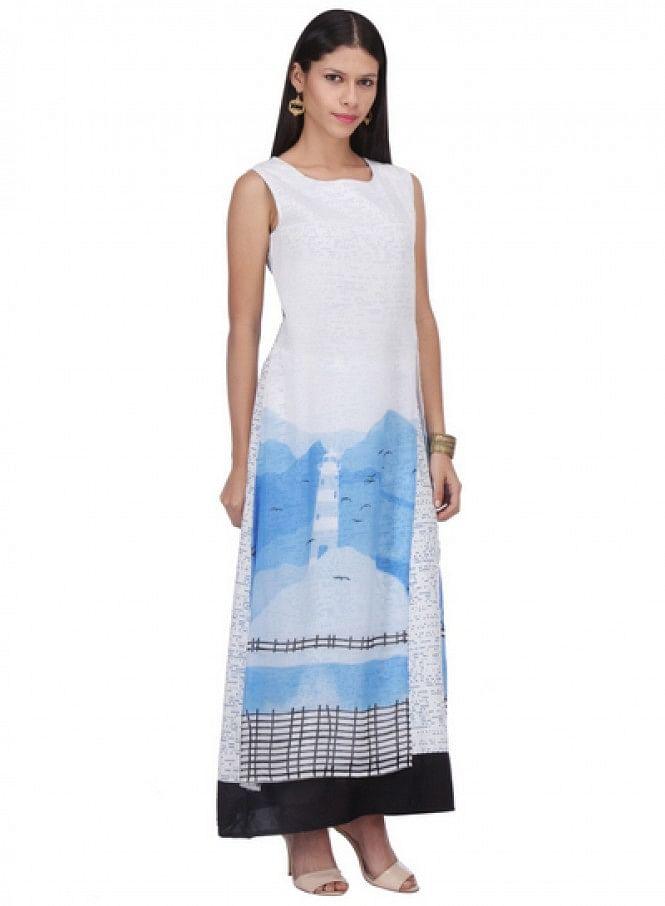 White Printed Sleeveless Dress - wforwoman