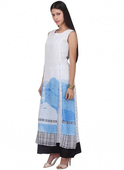 White Printed Sleeveless Dress - wforwoman