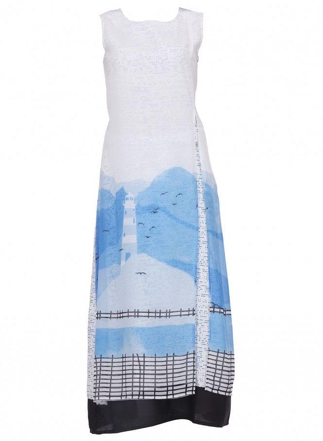 White Printed Sleeveless Dress - wforwoman