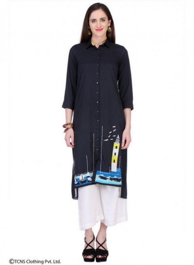 Black Printed 3/4 Sleeve kurta - wforwoman