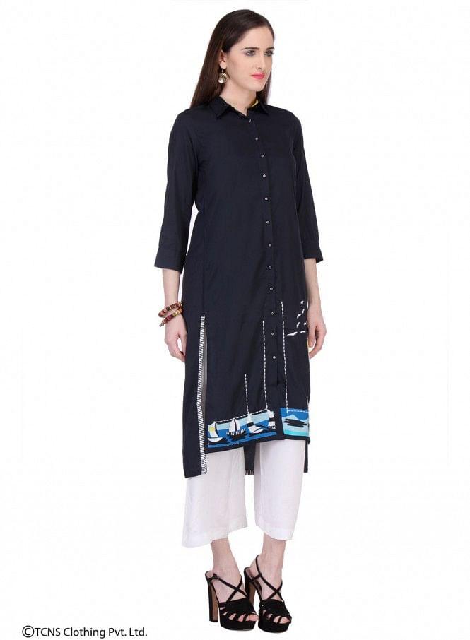 Black Printed 3/4 Sleeve kurta - wforwoman