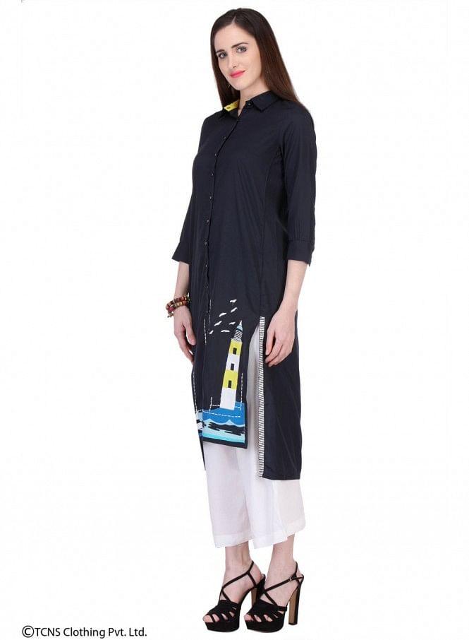 Black Printed 3/4 Sleeve kurta - wforwoman