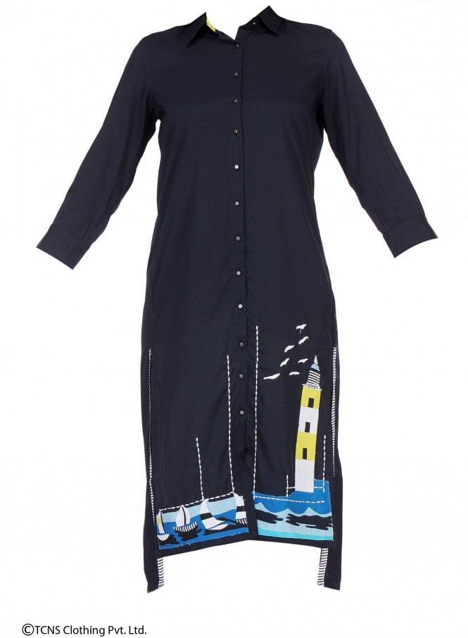 Black Printed 3/4 Sleeve kurta - wforwoman