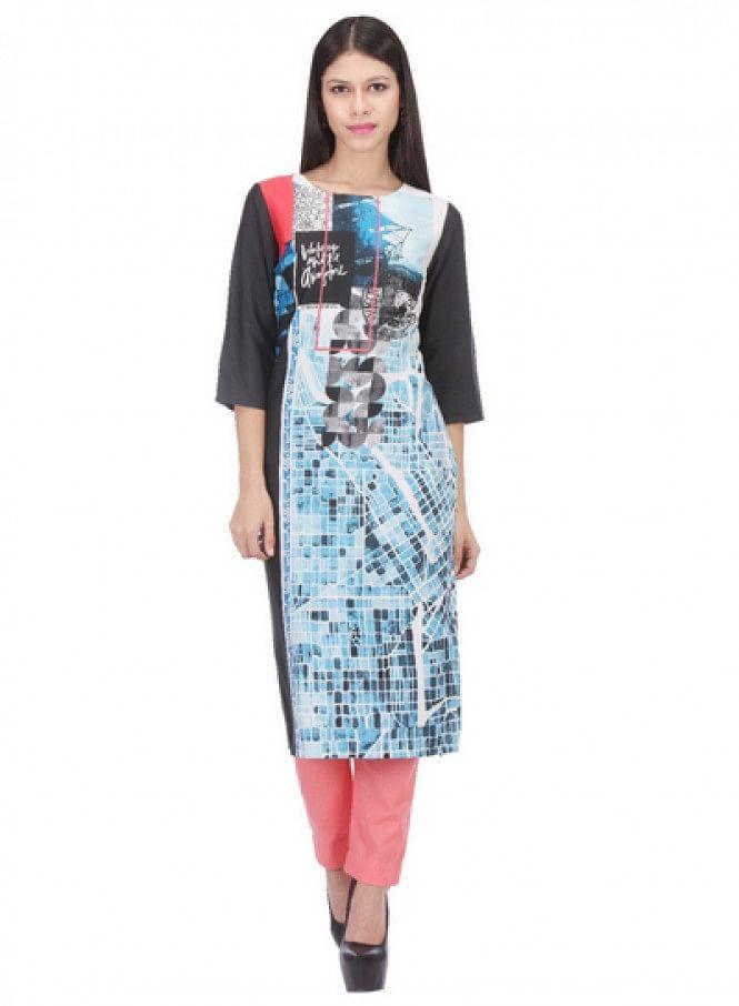 Black Printed 3/4 Sleeve kurta - wforwoman