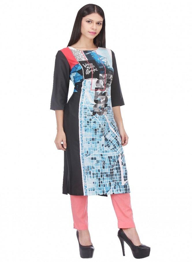 Black Printed 3/4 Sleeve kurta - wforwoman