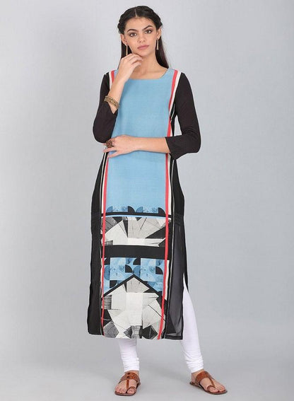 Blue Round Neck Printed kurta - wforwoman