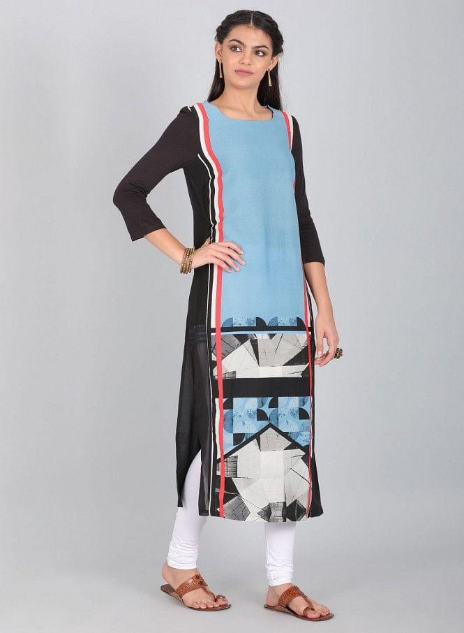 Blue Round Neck Printed kurta - wforwoman