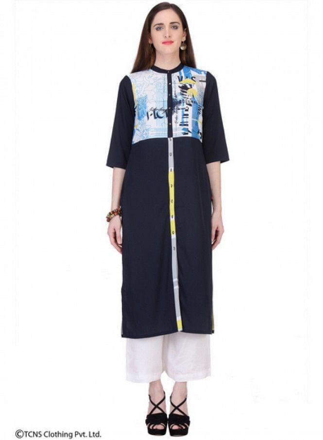 Black Printed 3/4 Sleeve kurta - wforwoman