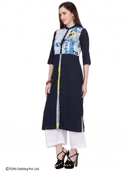 Black Printed 3/4 Sleeve kurta - wforwoman