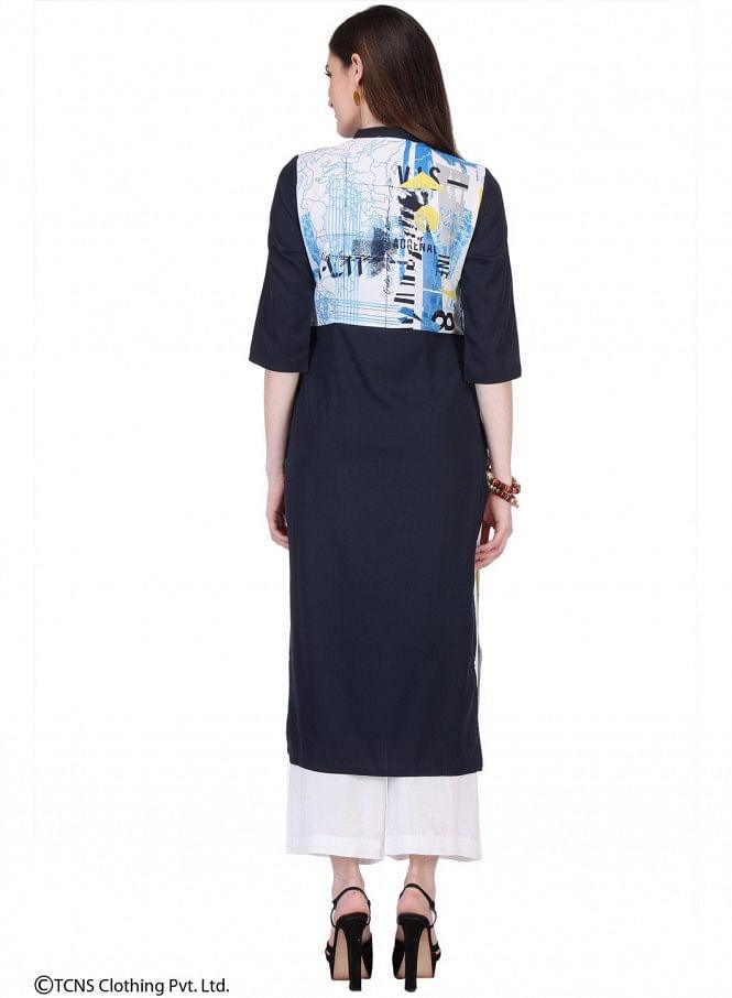 Black Printed 3/4 Sleeve kurta - wforwoman