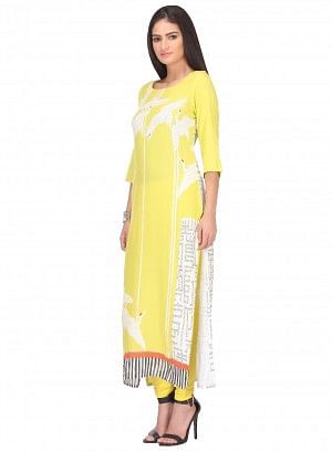 Yellow Printed 3/4 Sleeve kurta