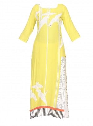 Yellow Printed 3/4 Sleeve kurta