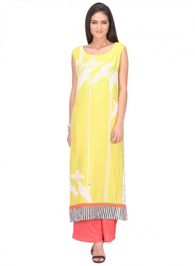 Yellow Printed Sleeveless kurta - wforwoman