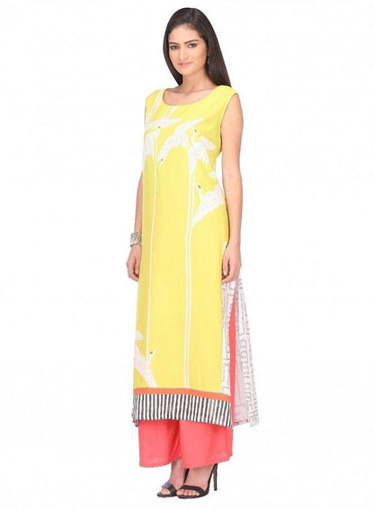 Yellow Printed Sleeveless kurta - wforwoman