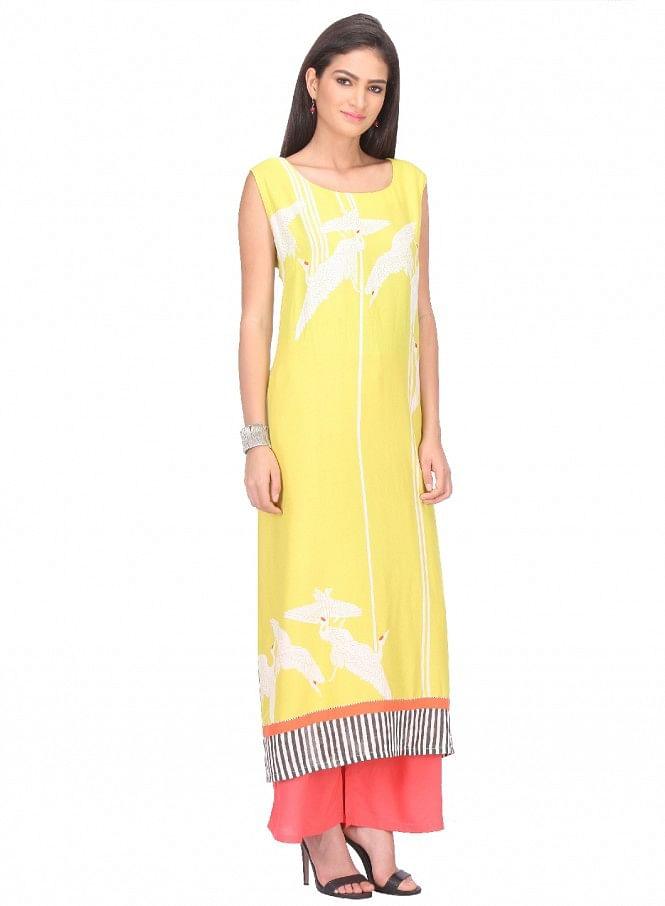 Yellow Printed Sleeveless kurta - wforwoman