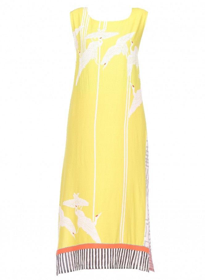 Yellow Printed Sleeveless kurta - wforwoman