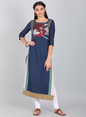 Blue Round Neck Printed kurta