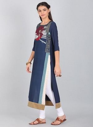 Blue Round Neck Printed kurta