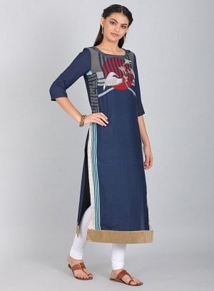 Blue Round Neck Printed kurta