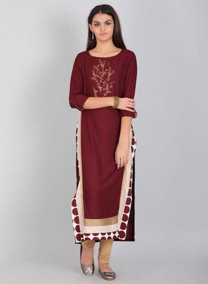 Maroon Round Neck Printed kurta - wforwoman