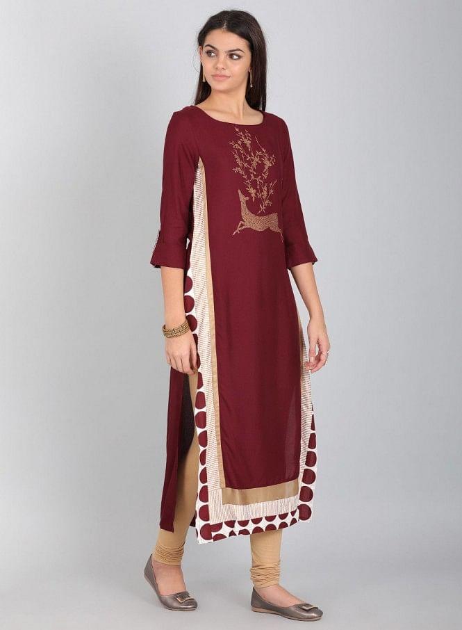 Maroon Round Neck Printed kurta - wforwoman