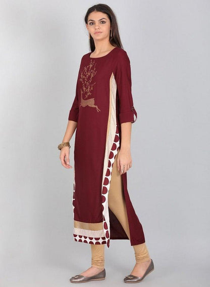 Maroon Round Neck Printed kurta - wforwoman