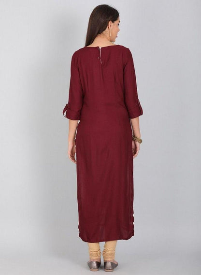 Maroon Round Neck Printed kurta - wforwoman