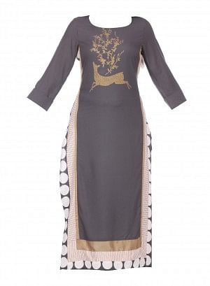 Grey Printed 3/4 Sleeve kurta