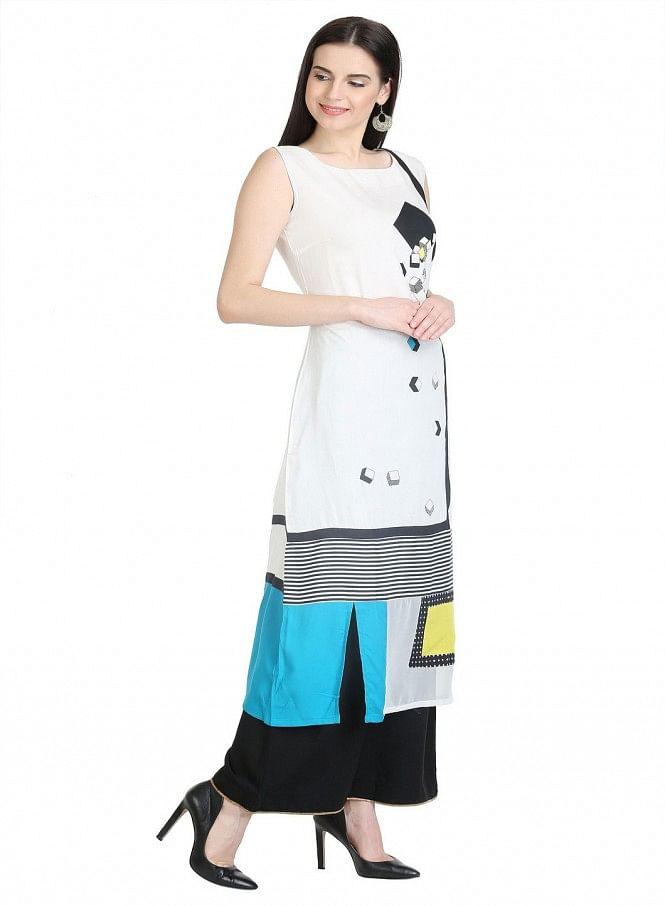 White Sleeve Less Printed kurta - wforwoman