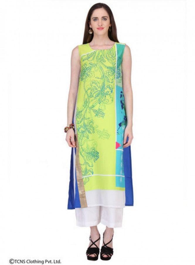 Yellow Printed Sleeveless kurta - wforwoman