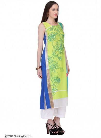 Yellow Printed Sleeveless kurta - wforwoman