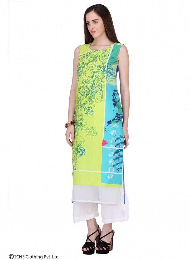 Yellow Printed Sleeveless kurta - wforwoman