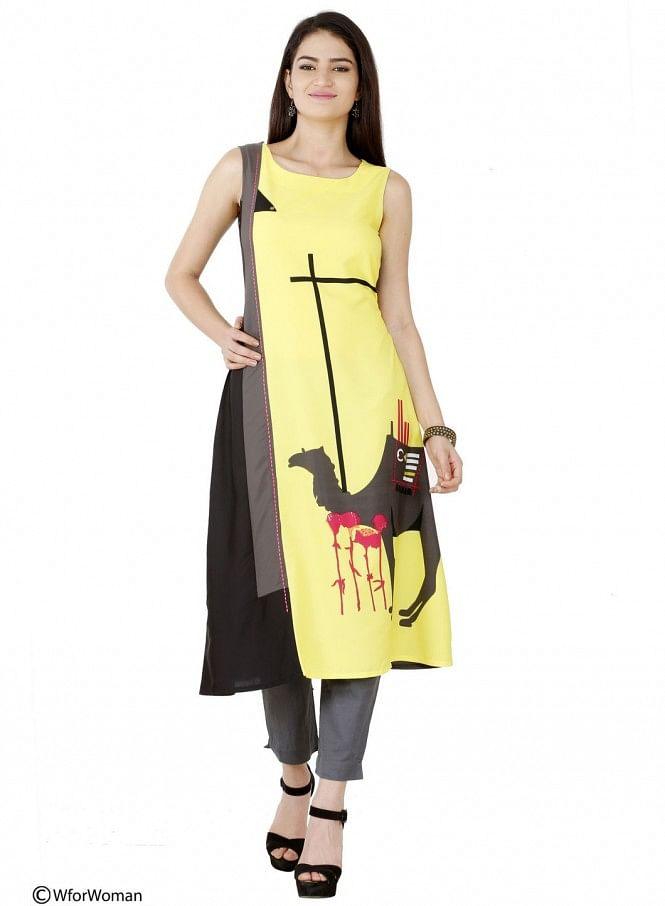 Yellow Printed Sleeveless kurta - wforwoman