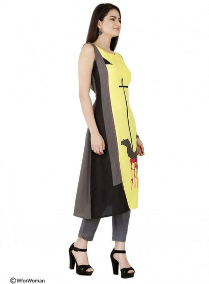 Yellow Printed Sleeveless kurta - wforwoman