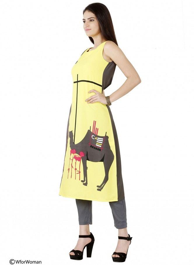 Yellow Printed Sleeveless kurta - wforwoman