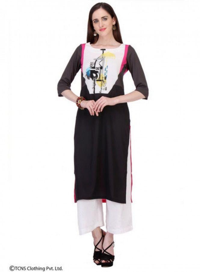 Black Printed 3/4 Sleeve kurta - wforwoman