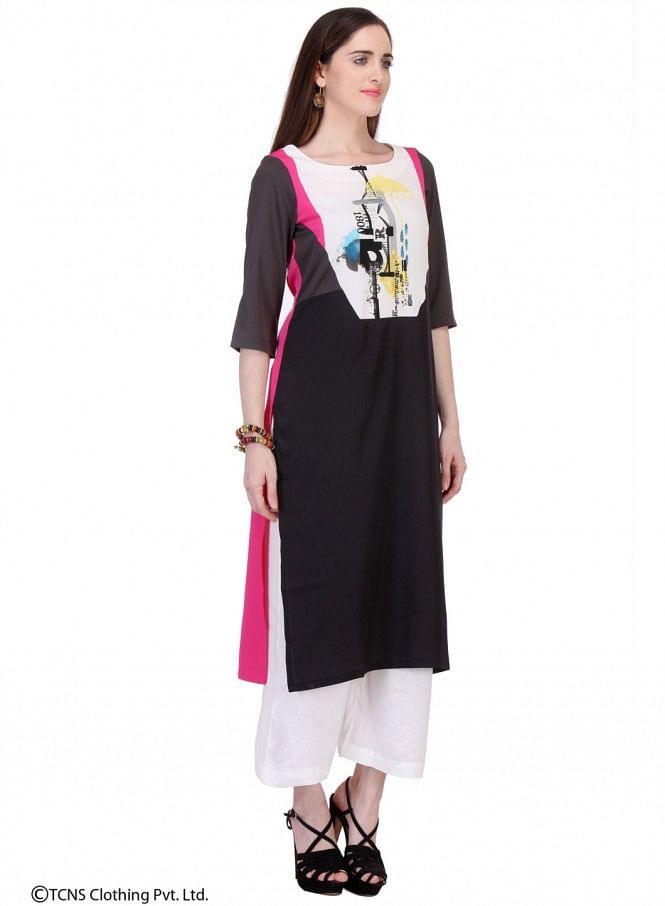 Black Printed 3/4 Sleeve kurta - wforwoman