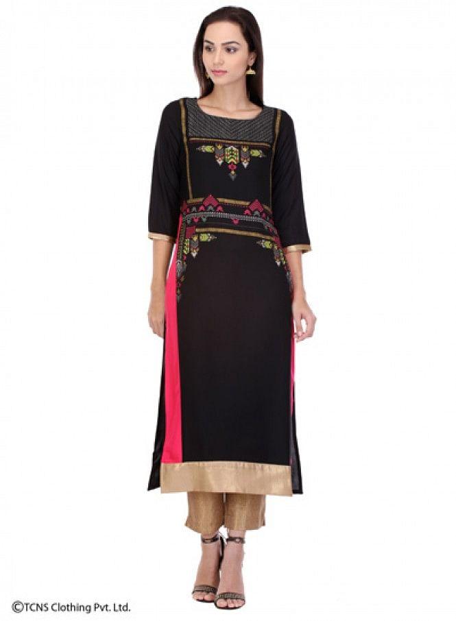 Black Printed 3/4 Sleeve kurta - wforwoman