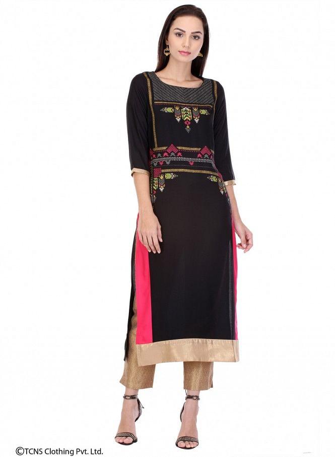 Black Printed 3/4 Sleeve kurta - wforwoman