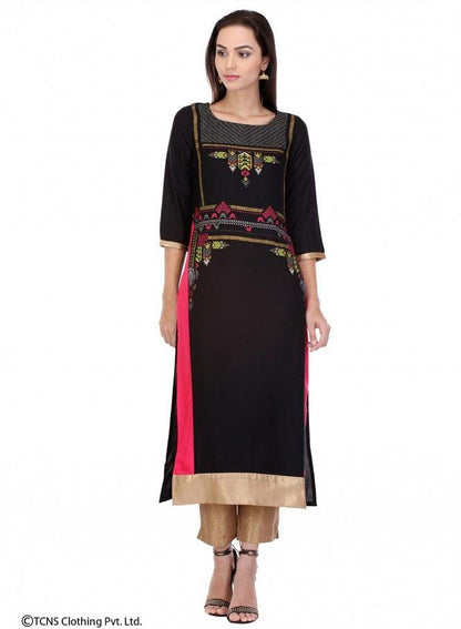 Black Printed 3/4 Sleeve kurta - wforwoman