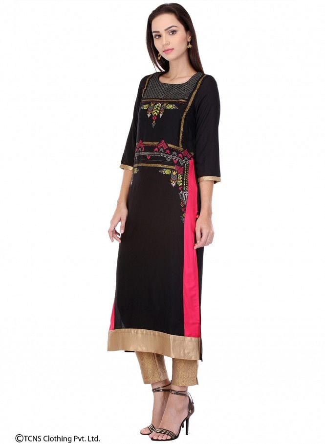 Black Printed 3/4 Sleeve kurta - wforwoman