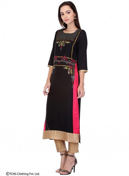 Black Printed 3/4 Sleeve kurta - wforwoman