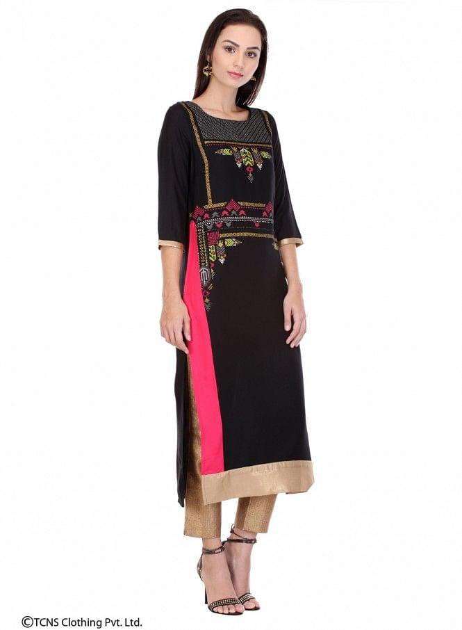 Black Printed 3/4 Sleeve kurta - wforwoman