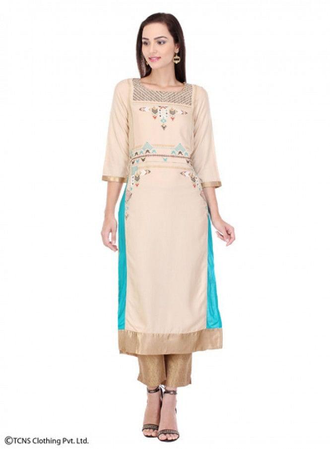 Beige Printed 3/4 Sleeve kurta - wforwoman