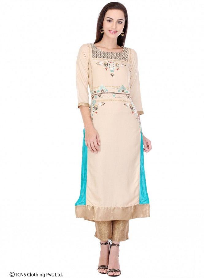 Beige Printed 3/4 Sleeve kurta - wforwoman